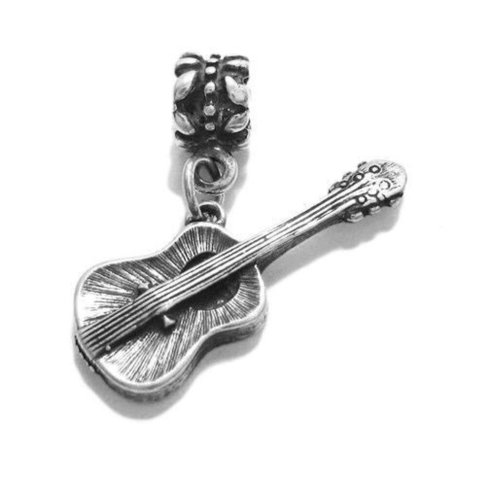 ACOUSTIC GUITAR CHARM IN 3D WITH EURO BEAD. STERLING SILVER